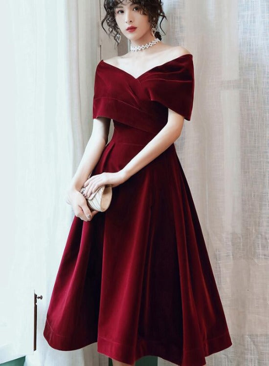 Beautiful Wine Red Velvet Tea Length Party Dress, Bridesmaid Dress
