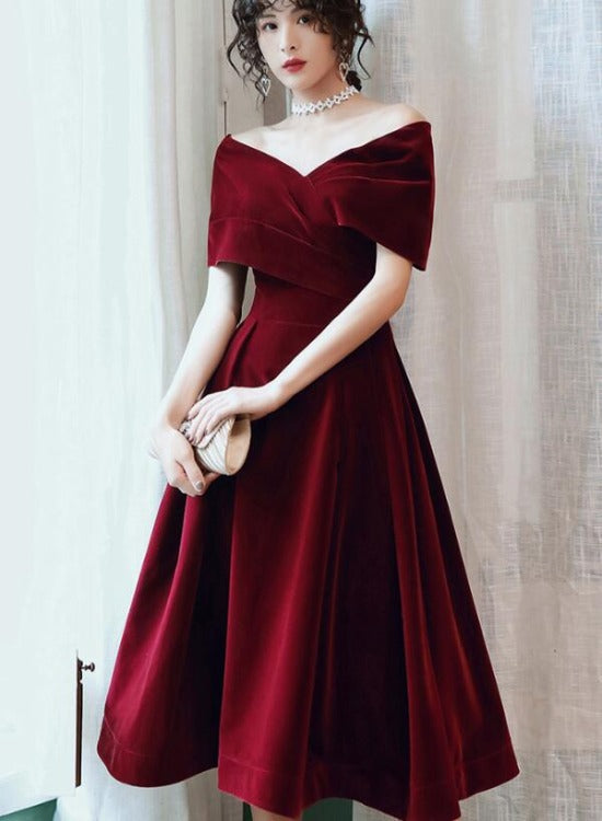 Beautiful Wine Red Velvet Tea Length Party Dress, Bridesmaid Dress Cutedressy Beautiful Wine Red Velvet Tea Length Party Dress, Bridesmaid Dress Cutedressy