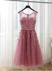 Pink Lace Applique Short Prom Dresses, White Graduation Dresses, Party Dresses