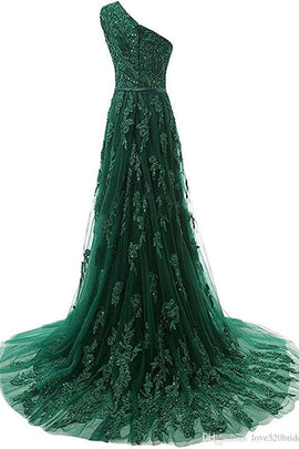 Green Tulle Elegant Party Dresses, One Shoulder Applique Formal Dresses, Tulle Prom Dress