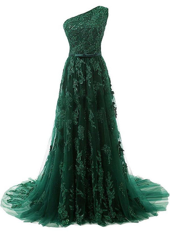 Green Tulle Elegant Party Dresses, One Shoulder Applique Formal Dresses, Tulle Prom Dress