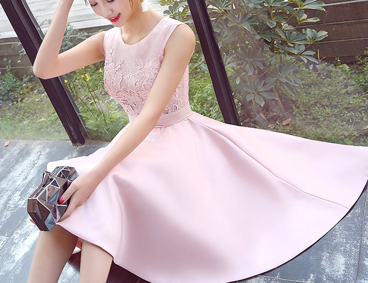 Fashionable High Low Satin Lace Pink Party Dress, Pink Bridesmaid Dress