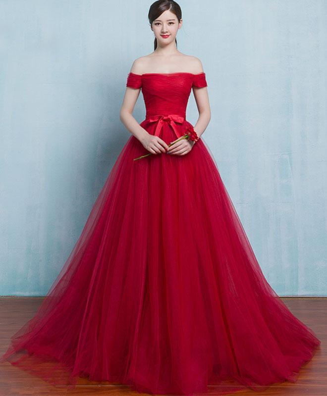 Red Tulle Off the Shoulder Long Party Dress, Red Formal Gown