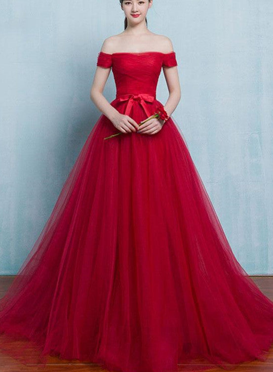 red tulle off shoulder gown