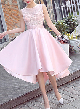 Fashionable High Low Satin Lace Pink Party Dress, Pink Bridesmaid Dress