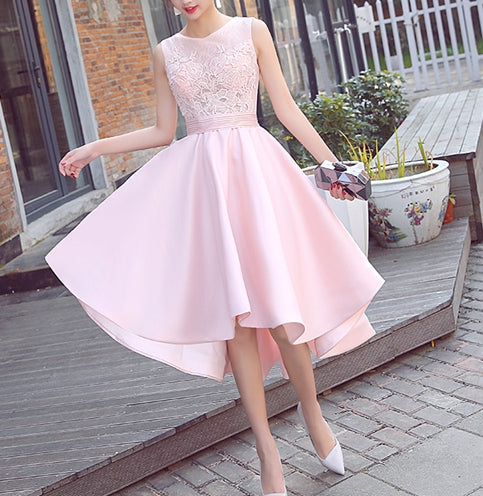 Fashionable High Low Satin Lace Pink Party Dress, Pink Bridesmaid Dres Cutedressy Fashionable High Low Satin Lace Pink Party Dress, Pink Bridesmaid Dres Cutedressy