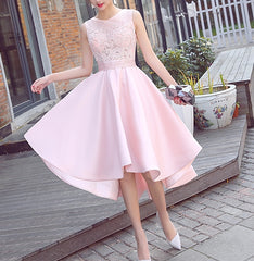 Fashionable High Low Satin Lace Pink Party Dress, Pink Bridesmaid Dress
