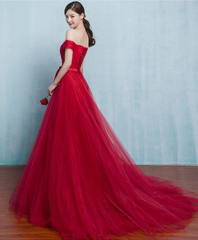 Red Tulle Off the Shoulder Long Party Dress, Red Formal Gown