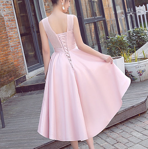 Fashionable High Low Satin Lace Pink Party Dress, Pink Bridesmaid Dres Cutedressy Fashionable High Low Satin Lace Pink Party Dress, Pink Bridesmaid Dres Cutedressy