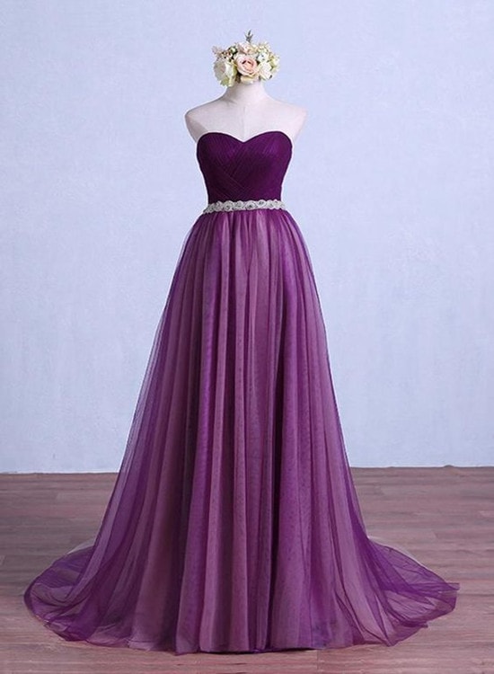 purple tulle long party dress with belt