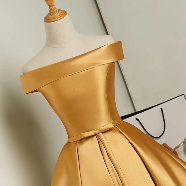 Cute Golden Satin Knee Length Off Shoulder Prom Dress, Short Homecomin Cutedressy Cute Golden Satin Knee Length Off Shoulder Prom Dress, Short Homecomin Cutedressy