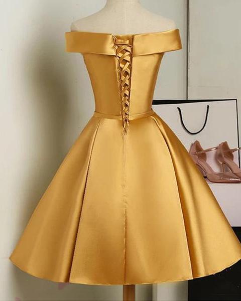 Cute Golden Satin Knee Length Off Shoulder Prom Dress, Short Homecomin Cutedressy Cute Golden Satin Knee Length Off Shoulder Prom Dress, Short Homecomin Cutedressy