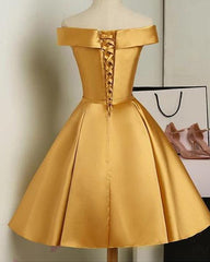 Cute Golden Satin Knee Length Off Shoulder Prom Dress, Short Homecoming Dress