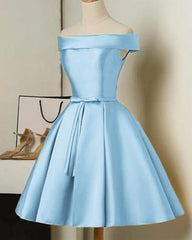 Beautiful Satin Off Shoulder Cute Party Dress with Lace-up, Knee Length Party Dress