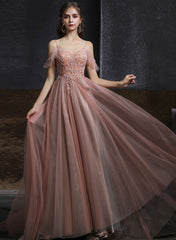 Pink Sweetheart Straps Beaded Long Formal Dress, Pink Tulle A-line V Back Evening Dress Prom Dress