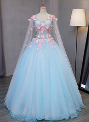 Lovely Blue V-neckline Tull Ball Gown Formal Dress, Blue Party Dress with Pink Lace