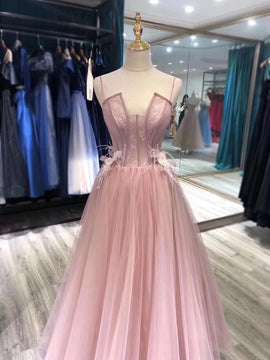 Charming Tulle Straps Long Formal Gown, Pink Elegant Party Dress