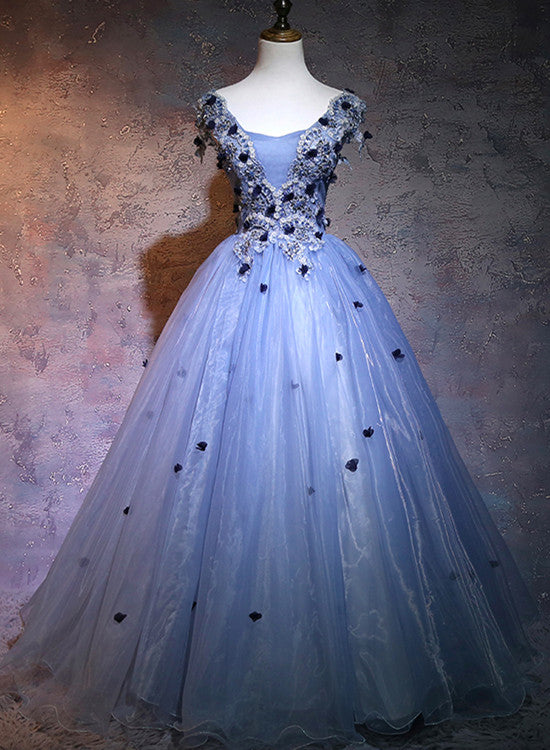Charming Blue Ball Gown Lace Long Formal Dress, Blue Tulle Sweet 16 Dress with Flowers