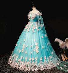 Mint Blue Tulle Embroidery Silk Flowers Quinceanera Dress, Blue Long Ball Gown Formal Dress