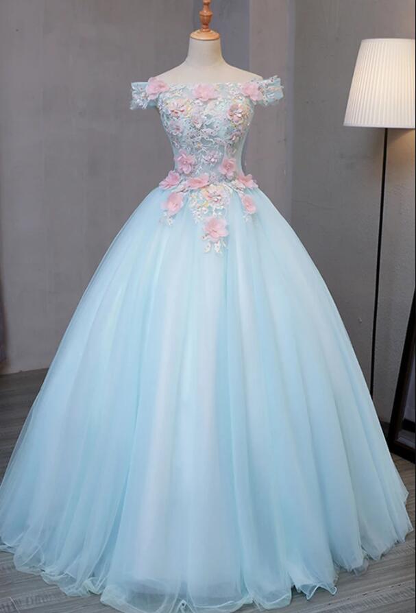 Light Blue Long Floral Tulle Sweet 16 Dress, Quinceanera Dress Cutedressy Light Blue Long Floral Tulle Sweet 16 Dress, Quinceanera Dress Cutedressy