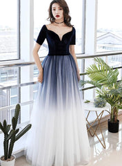Elegant Tulle V-neckline Blue Evening Gown,Blue Formal Dress