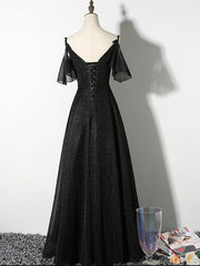 Beautiful Black Straps V-neckline Long Party Dress, Black Formal Gown