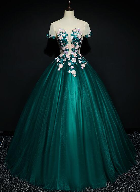 Dark Green Tulle Round Neckline Ball Gown Formal Dress, Quinceanera Dress