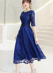 Fashionable Lace Blue Short Sleeves Bridesmaid Dress, Wedding Party Dress