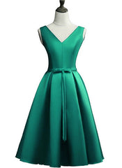 Lovely Green Satin Short Party Dress, V-neckline Bridesmaid Dress