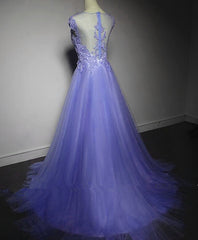 Cute Purple Tulle A-line Bridesmaid Dress, Lace Applique Prom Dress