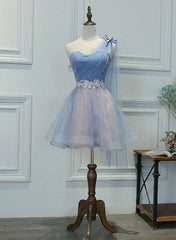 One Shoulder Tulle Sweetheart Party Dress, Short Blue Homecoming Dress
