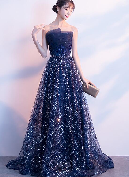 Navy Blue Floor Length Long Party Gown, A-line Long Prom Dress – Cutedressy