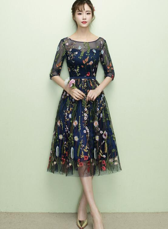 Lovely Navy Blue Lace Floral Knee Length Bridesmaid Dress, Blue Short ...