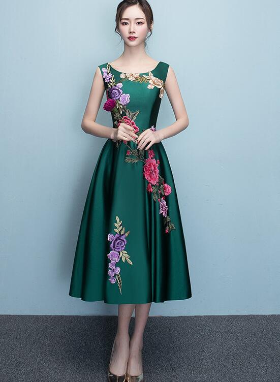 Dark Green Tea Length Bridesmaid Dress, Green Satin Prom Dress