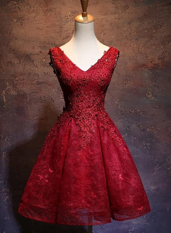 Wine Red Short Lace Cute Homecoming Dress, V-neckline Lace-up Teen Party Dress