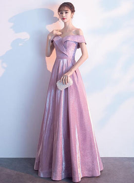 Beautiful Off Shoulder Pink Shiny Long Bridesmaid Dress, Cute Prom Dress