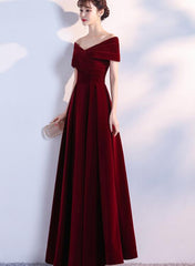 Elegant Wine Red Long Off Shoulder Velvet Party Dress, A-line Long Prom Dress