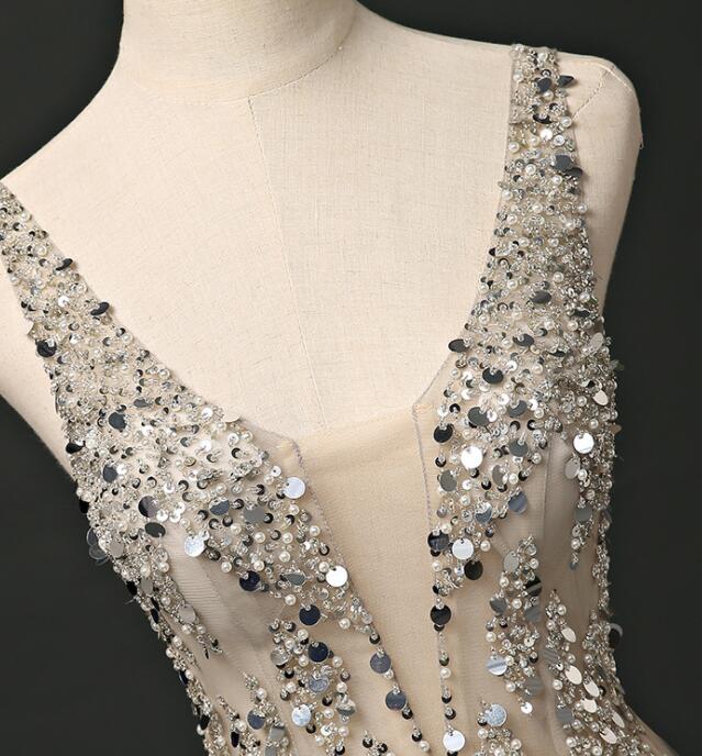 Champagne V-neckline Tulle Sequins Long Party Dress, A-line Formal Dress