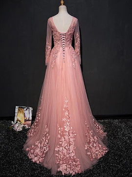Pink Lace Applique Tulle  Floor-length A-line Prom Dresses, Long Sleeves Party Dress