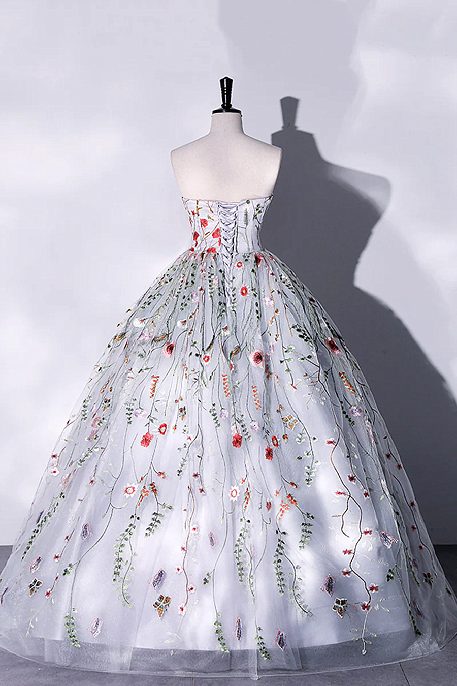 grey floral prom dress A-line Sweetheart Floral Jacquard Prom Dress with Ruffle Straps PocketsS9108P - Prom Dresses