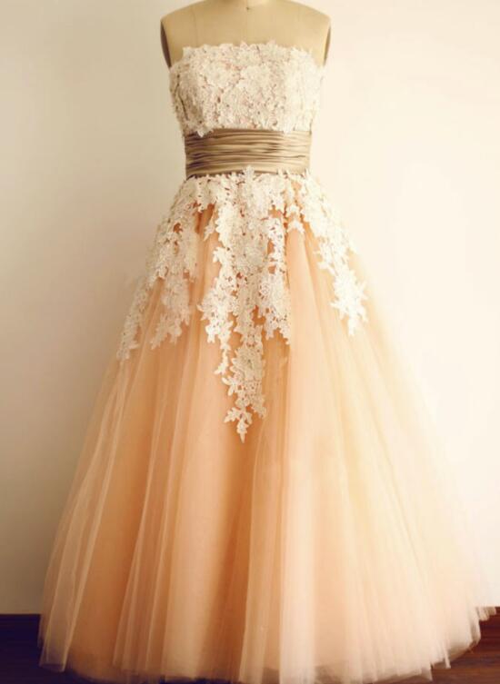 Pearl Pink Tulle Strapless Sleeveless Ankle-Length Tulle Prom Dress with Appliques, Charming Tulle Gowns