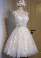 Lovely Ivory Short Tulle with Lace Detail Party Dress , Cute Formal Dresses, Teen Formal Dresses