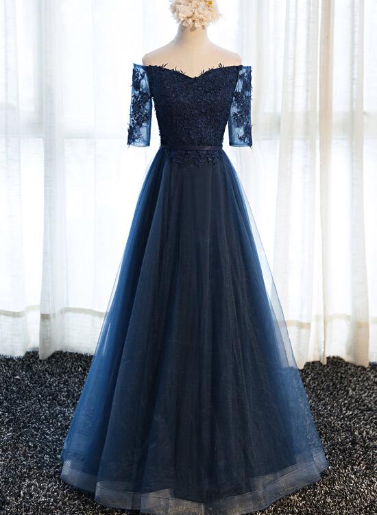 Blue Prom Gowns, Short Sleeves Tulle Navy Blue Formal Dress, Lovely Party Dresses
