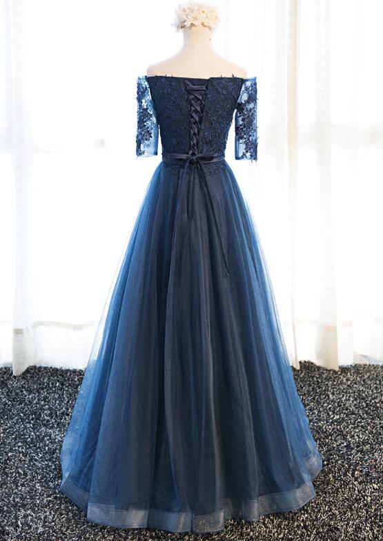 Blue Prom Gowns, Short Sleeves Tulle Navy Blue Formal Dress, Lovely Party Dresses