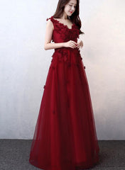 Beautiful Flowers and Lace Applique Wine Red Evening Gowns, Wine Red Formal Dress 2018