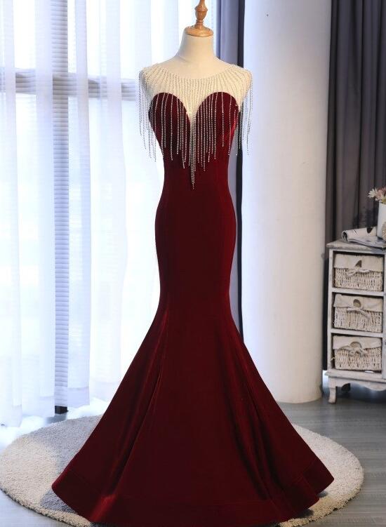 Sexy Velvet Mermaid Long Evening Party Dress , Beautiful Formal Dresses , Charming Gowns