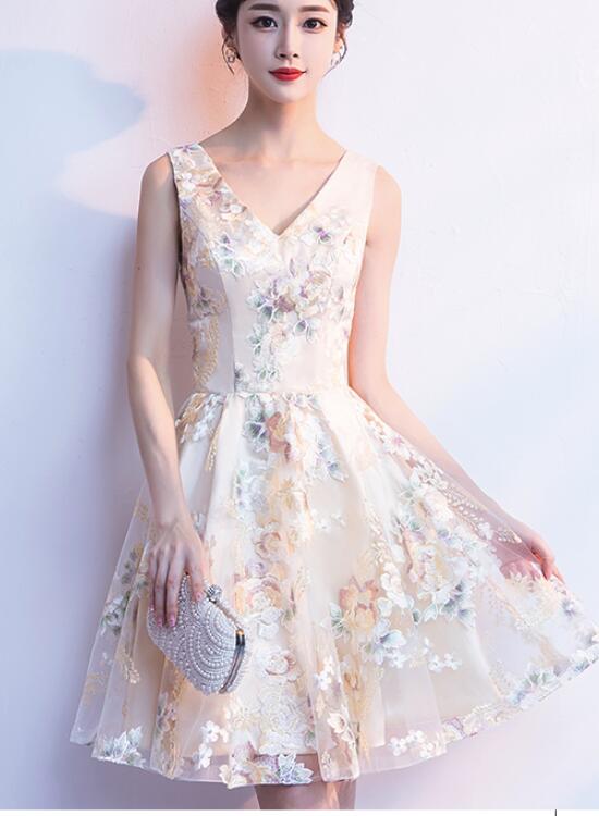 Beautiful Light Champagne V-neckline Floral Short Party Dress, Cute Formal Dresses, Prom Dresses