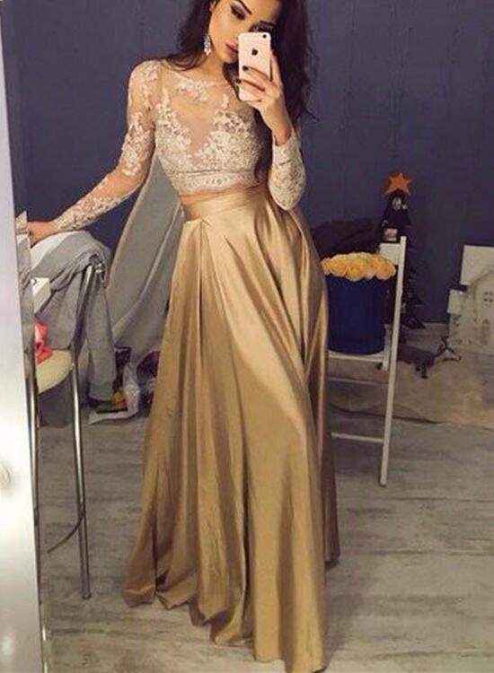 Two Piece Party Dress with Long Sleeves, Lace and Satin Formal Gowns, Gold Formal Dresses