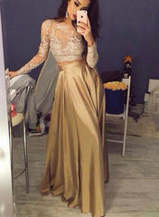 Two Piece Party Dress with Long Sleeves, Lace and Satin Formal Gowns, Gold Formal Dresses