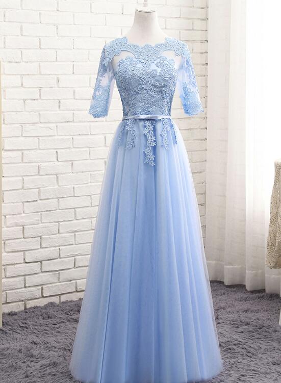 Light Blue Short Sleeves Lace Wedding Party Dresses, Blue Bridesmaid Dresses, Formal Dress